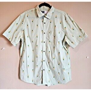 Old Navy Everyday Button Up Shirt Mens Large Short Sleeve Pineapple Beach Green